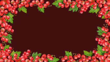 Watercolor frame of red berries current with green leaves. Perfect for designing food and cosmetics packaging,greeting cards