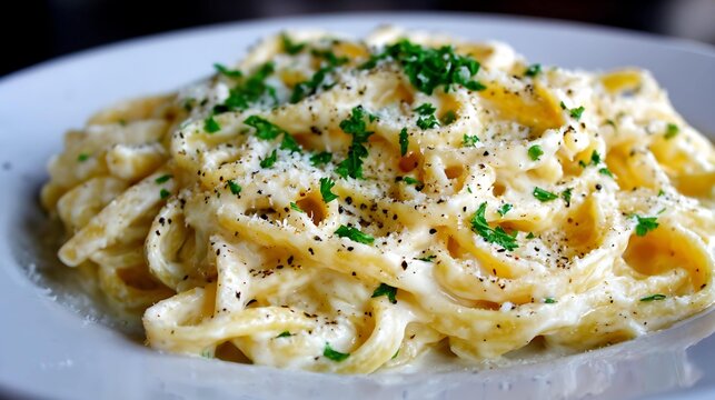 A plate of creamy fettuccine alfredo garnished with fresh parsley and black pepper, showcasing a rich and indulgent pasta dish.