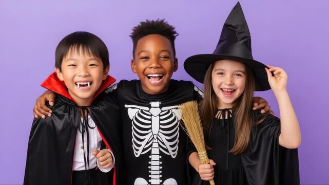 Asian boy in vampire costume, black boy in skeleton costume and girl in witch dress on purple background. Children celebrate happy halloween