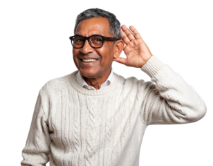 Smiling Senior Man with Glasses Holding Hand Behind Ear in Playful Listening Gesture, Isolated on White Background