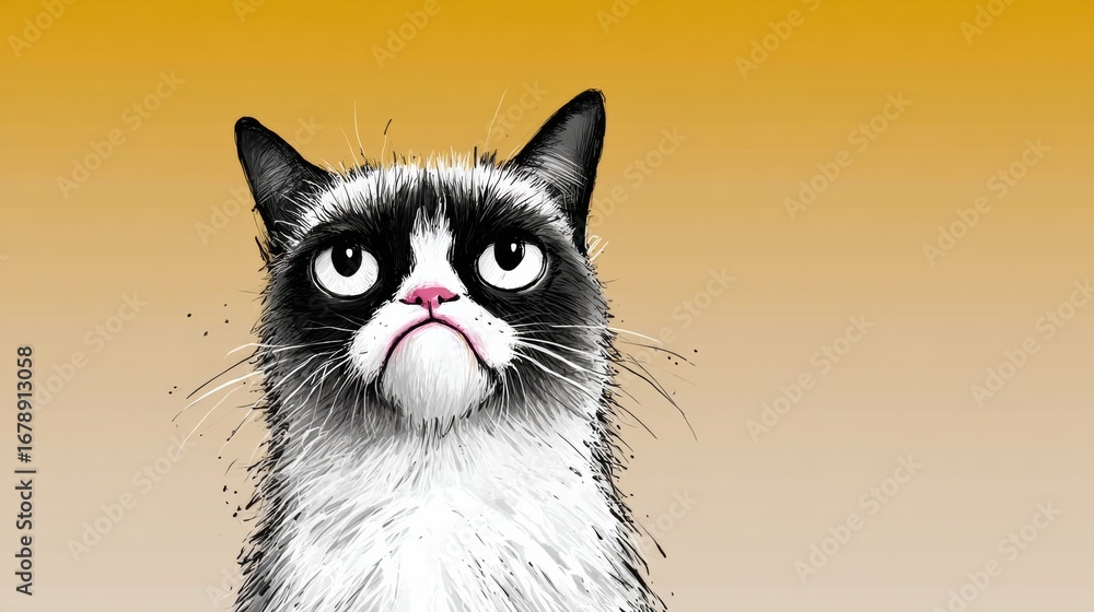 Poster cat with a grumpy expression on its face. the cat is looking at the camera. the cat is black and whi