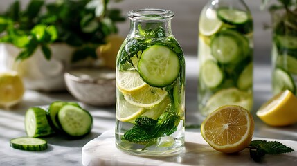 Fototapeta premium Refreshing glass bottle filled with lemon and cucumber slices, beautifully styled with green mint leaves.