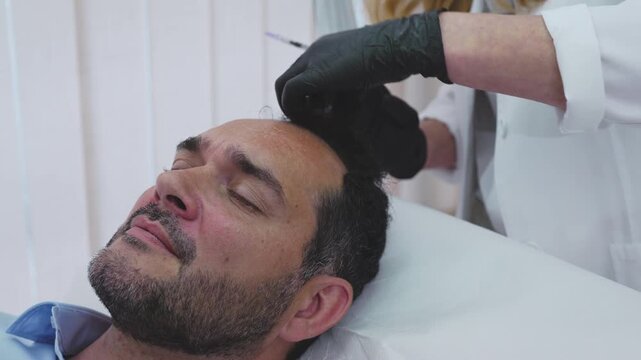 Doctor wearing blue gloves is injecting a patient's forehead with a syringe, likely for a cosmetic procedure to reduce wrinkles or enhance facial features
