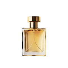 a bottle of perfume with a golden glass body and gold cap, against a transparent background, in high resolution, in a product