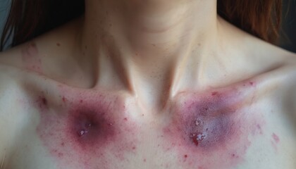 Fototapeta premium Woman neck, chest area showing prominent bruises, abrasions, indicating physical violence injury. Skin displays discolored marks, with open wounds scabs, trauma, need for protection, awareness.