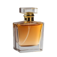 a bottle of perfume with a golden glass body and gold cap, against a transparent background, in high resolution, in a product