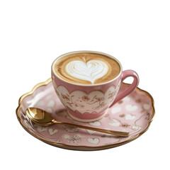 a pink ceramic cup with latte art on it, placed in the center of an elegant tray adorned with delicate patterns and gold cutlery. the