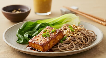 Glazed Tofu with Soba Noodles and Bok Choy on Plate Still Life