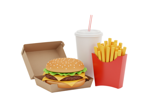 Delicious double cheeseburger with lettuce and tomato in an open cardboard box next to a tall cup of soda and a red carton of french fries isolated on transparent background