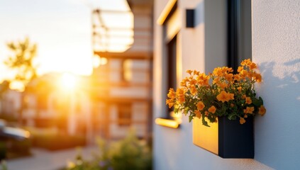 Orange flowers in a window box brighten a modern home at sunset, creating a warm and inviting atmosphere