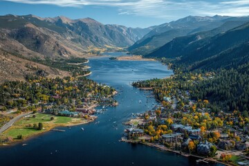 Grand Lake Colorado. Aerial View of Beautiful Waterfront Town with Mountain Background