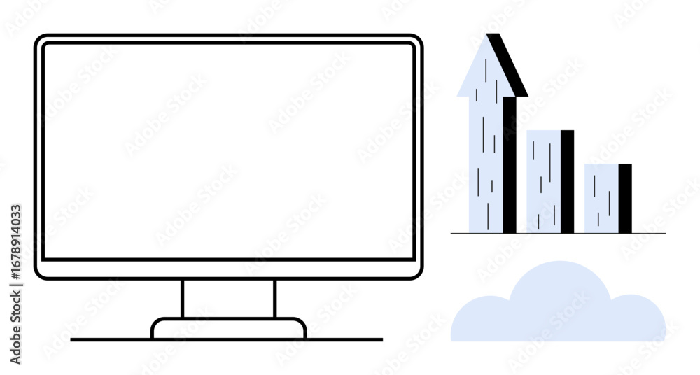 Poster computer monitor alongside rising bar chart symbolizing analytics, growth, and progress. cloud eleme