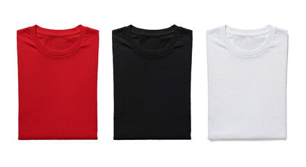 Three plain sleeveless t shirts or tank tops in red black and white laid flat showing front view isolated on transparent background