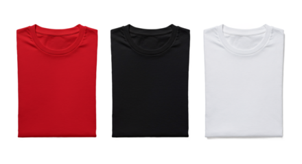 Three plain sleeveless t shirts or tank tops in red black and white laid flat showing front view isolated on transparent background