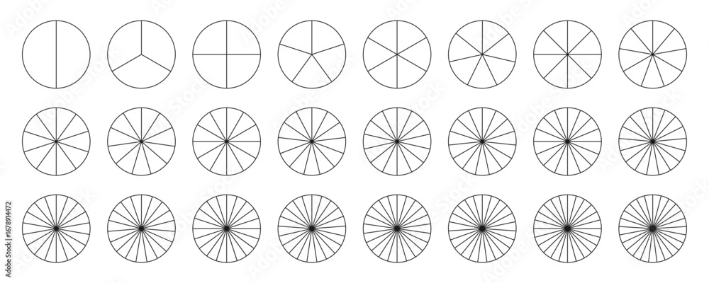 Poster outline pie chart icon set. radial infographic template. wheel round diagram part. circle segments. 