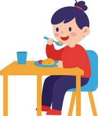 Cute cartoon girl eating breakfast or lunch at the table, flat design