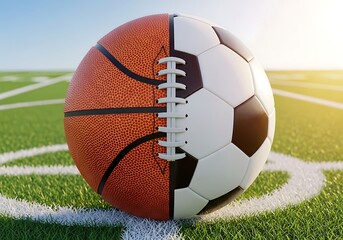 Obraz premium Hybrid Sports Ball Divided Basketball Football Soccer on Grass.