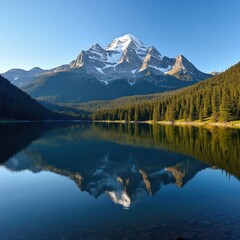Obraz premium Majestic snow-capped mountain peak reflected in calm, clear lake. Lush green pine forest lines shore. Tranquil landscape under clear blue sky. Serene natural beauty, perfect for travel, nature themes.