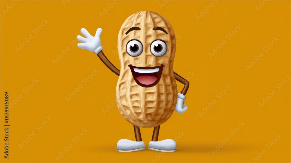 Poster cartoon character made of peanuts is waving. the character is smiling and has a happy expression. th