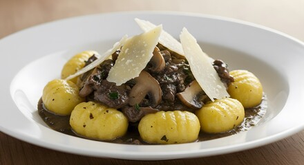 Gnocchi with Mushroom Sauce and Cheese Shavings on White Plate
