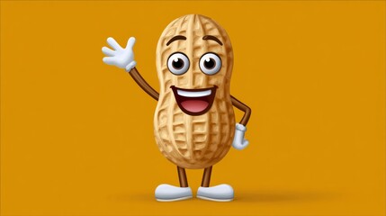 Cartoon character made of peanuts is waving. The character is smiling and has a happy expression. The yellow background adds a cheerful and playful touch to the scene