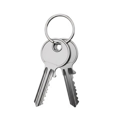 A pair of silver metal house keys attached to a silver key ring isolated on a transparent background for easy compositing isolated on transparent background