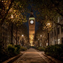 Nocturnal view of Big Ben through a tree-lined path