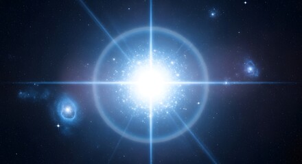 A brilliant, bright blue star shines intensely in the dark expanse of space, with faint galaxies visible in the background.