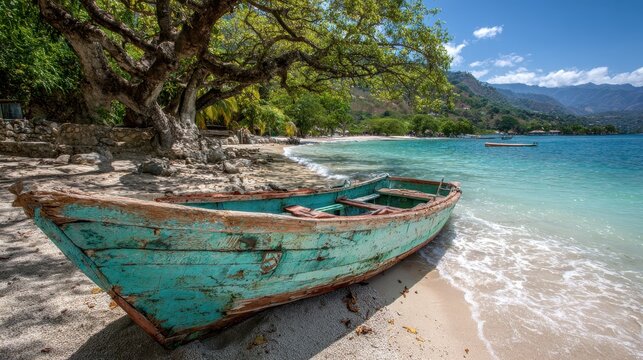 Haiti Beach. Boat on Shore in Labadee, Cap Haitien, Caribbean. Colorful Image of Transportation in Rural Scene