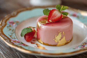 Elegant pink dessert with strawberries and mint leaves on ornate plate, showcasing exquisite culinary artistry and luxurious presentation