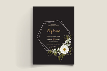 WEDDING INVITATION FRAME WITH FLOWER DECORATIONS AND FRESH LEAVES