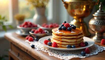 Naklejka premium Fluffy pancakes stacked high, drizzled with golden honey, topped with fresh blueberries, raspberries. Served with traditional samovar on rustic wooden table, evoking cozy breakfast or holiday meal.