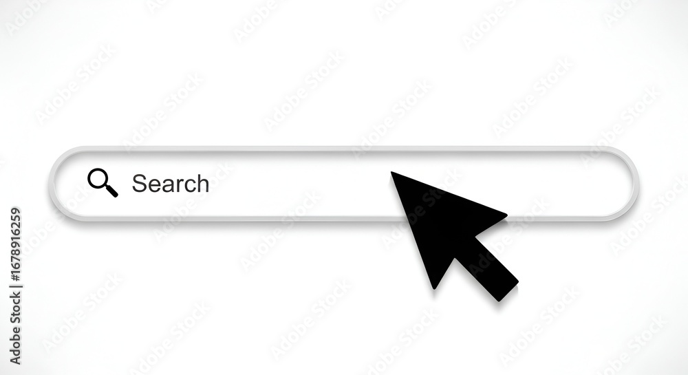 Poster a search bar with a magnifying glass icon and the word search and a black cursor on a white backgrou