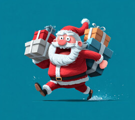 Happy cartoon Santa Claus running with gift boxes on a teal background with joyful expression Generative AI