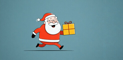 Happy cartoon Santa Claus running with a yellow gift box on textured blue background with joyful holiday expression Generative AI