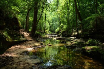 Fototapeta premium Hiking Alabama: Dismal's Canyon - Exploring a Picturesque Forested Canyon with a Serene Stream