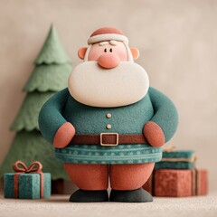 Stylized clay Santa Claus figure in green and red outfit standing by Christmas tree and gift boxes on beige background Generative AI