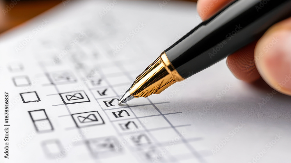 Aufkleber close-up of pen filling checkboxes on form for business task completion and survey results concept