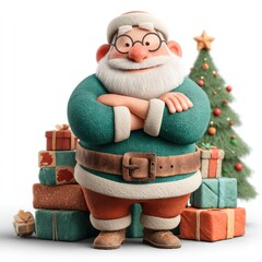 Cute clay-style Santa Claus with arms crossed, standing in front of Christmas tree and stacked presents on white background Generative AI