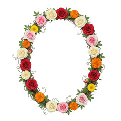 Oval floral frame with roses and marigolds in red, pink, yellow, and orange isolated on transparent background