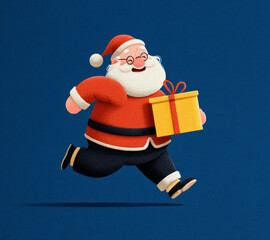 Cheerful cartoon Santa Claus running with a yellow gift box on dark blue textured background with festive holiday spirit Generative AI