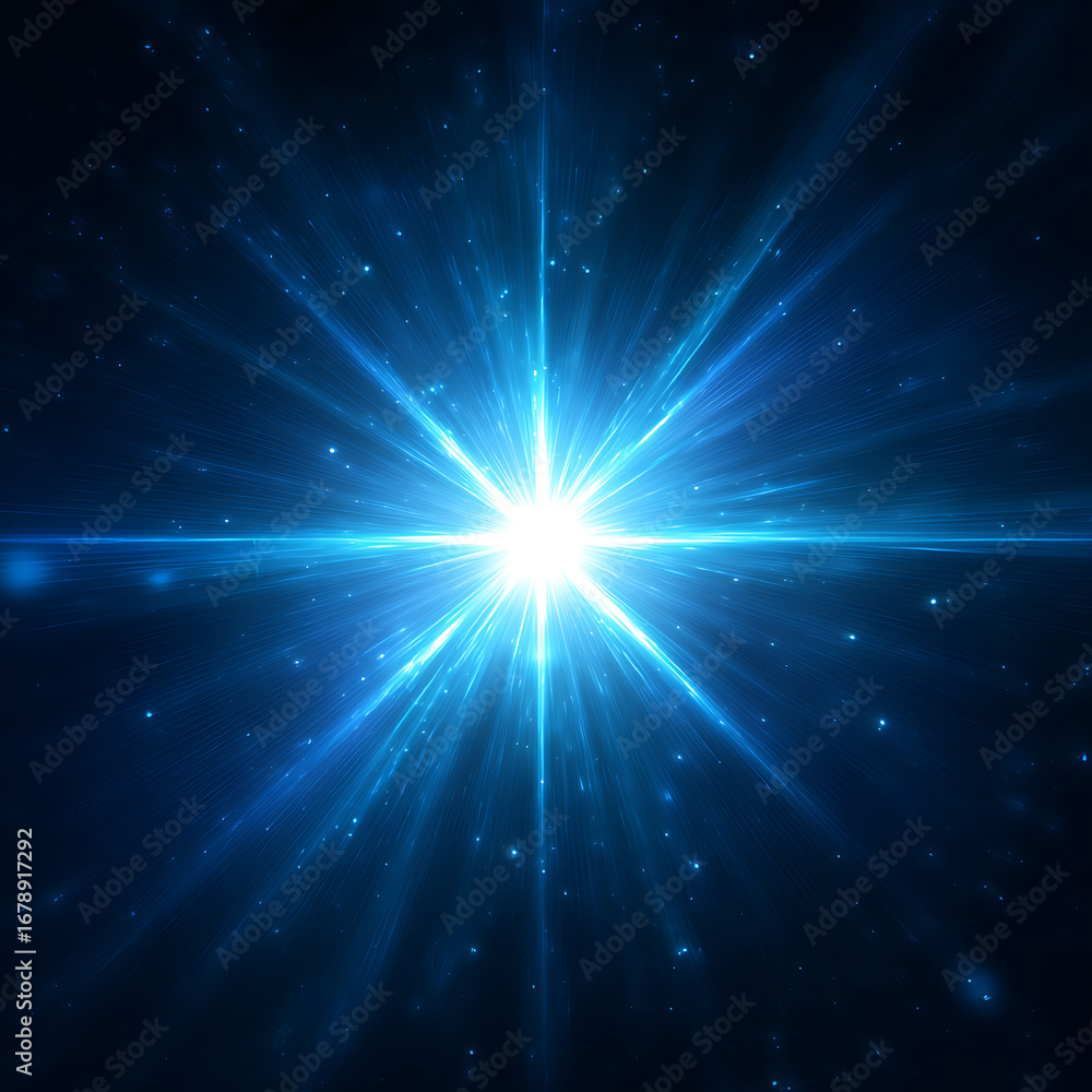 Poster bright light flares from a central point on a dark background with scattered sparkles.