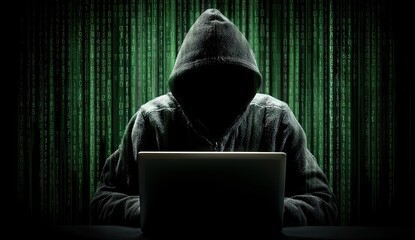 Anonymous hacker in a dark hoodie working on a laptop with a green matrix code background.