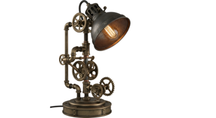Steampunk desk lamp with gears and pipes isolated PNG with Transparent Background