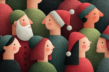 Stylized Christmas crowd illustration with diverse people in festive outfits and hats on textured background with soft gradients Generative AI