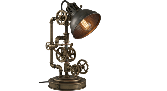 Steampunk desk lamp with gears and pipes isolated PNG with Transparent Background - Powered by Adobe