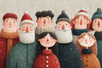 Group of happy illustrated people in winter clothes standing together in falling snow with festive holiday spirit Generative AI