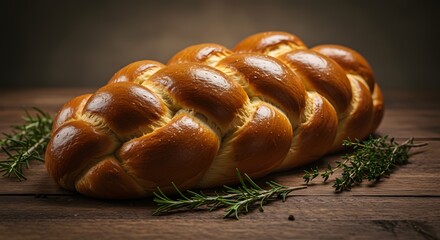 Golden Braided Bread Loaf on Rustic Wooden Table with Rosemary