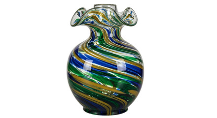 Elegant Murano glass vase with blue, green and gold swirls isolated PNG with Transparent Background