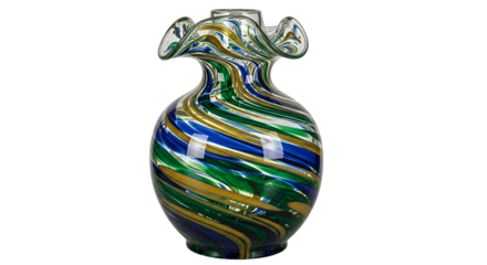 Elegant Murano glass vase with blue, green and gold swirls isolated PNG with Transparent Background